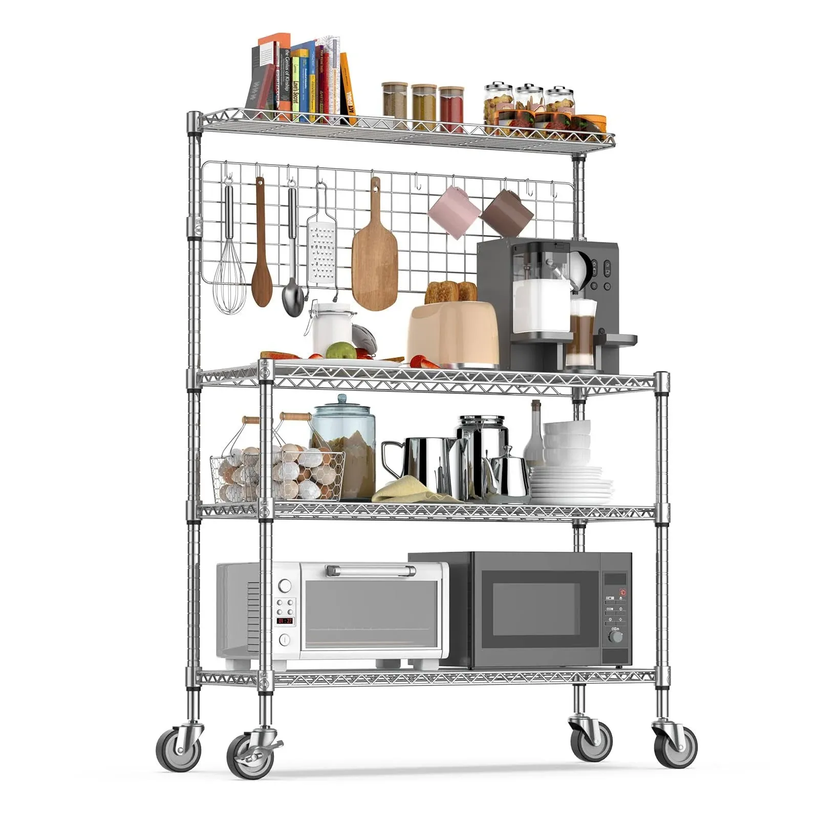 Leteuke Kitchen Bakers Rack, NSF Certified 4-Tier Microwave Stand with Wheels 20 S-Hooks, Adjustable Heavy Duty Storage Rack Commercial Grade Metal