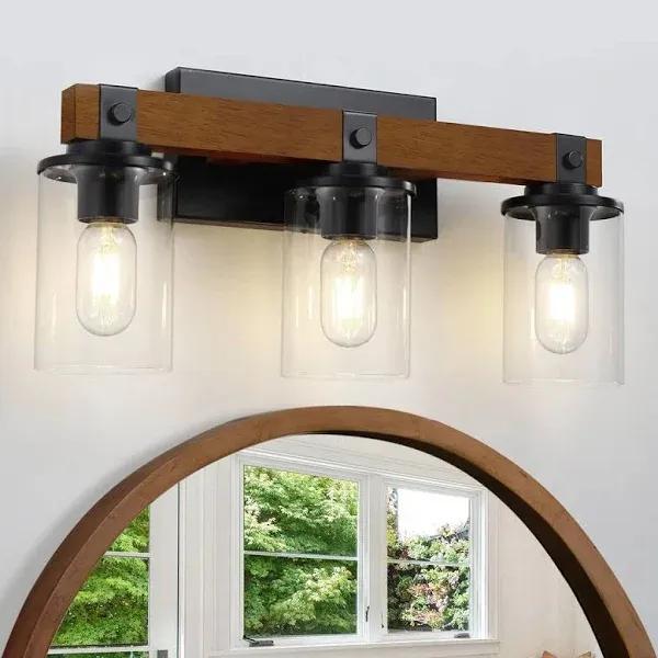 Wood Vanity Light, Farmhouse Bathroom Light Fixtures Over Mirror, 3-Light Rus...