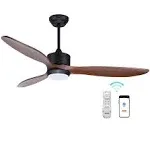 52 Inch Solid Walnut Wood Ceiling Fans with Lights Remote Control, 3 Blade Prope