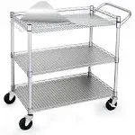 WDT Heavy Duty 3 Tier Rolling Utility Cart, Kitchen Cart On Wheels Metal Serving Cart Commercial Grade with Wire Shelving Liners and Handle Bar for