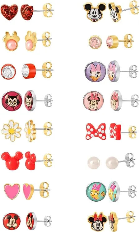 Disney Mickey, Minnie Mouse & Friends Stud Earrings Pack of 16 Pairs - Officially Licensed Earrings for Daily Wear - Red, Black, Purple