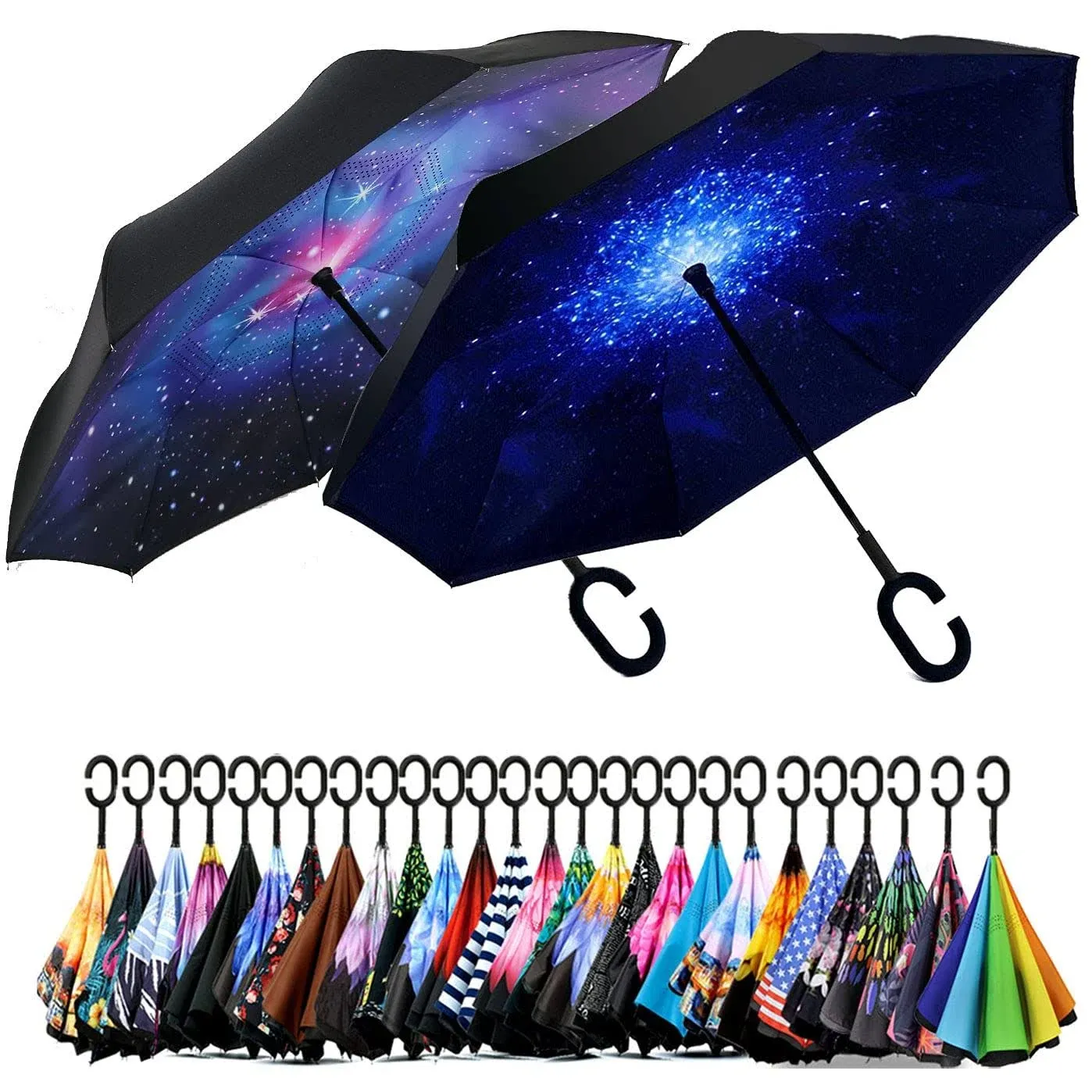 SIEPASA 49/56 Inch Inverted Reverse Upside Down Umbrella, Extra Large Double Canopy Vented Windproof Waterproof Stick Golf Umbrellas with C-shape Handle.