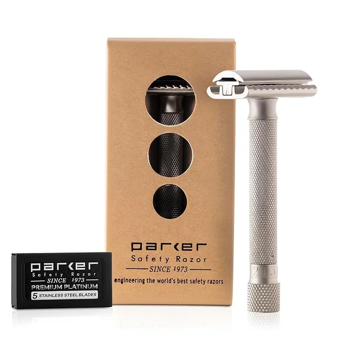 The Parker Variant ADJUSTABLE Double Edge Safety Razor, Customize your Shave with a Turn of the Dial from Mild to Aggressive - 5 Blades Included (SATIN CHROME)