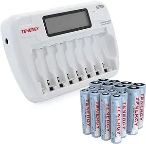 Tenergy AA AAA Rechargeable Battery and Charger Combo TN162 8-Bay Smart LCD AA/AAA NiMH/NiCd Charger + 8 AA & 8 AAA NiMH Rechargeable Batteries