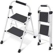 KINGRACK 2 Step Ladder, Folding Ladder with Non-Slip and Wide Pedal, Small Ladder with Handle, Heavy Duty Steel Ladder, Lightweight and Portable Step Ladder, White