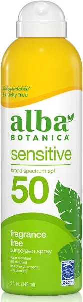 Alba Botanica Sensitive Sunscreen Spray SPF 50, Fragrance Free, 5oz /Exp 10/2024