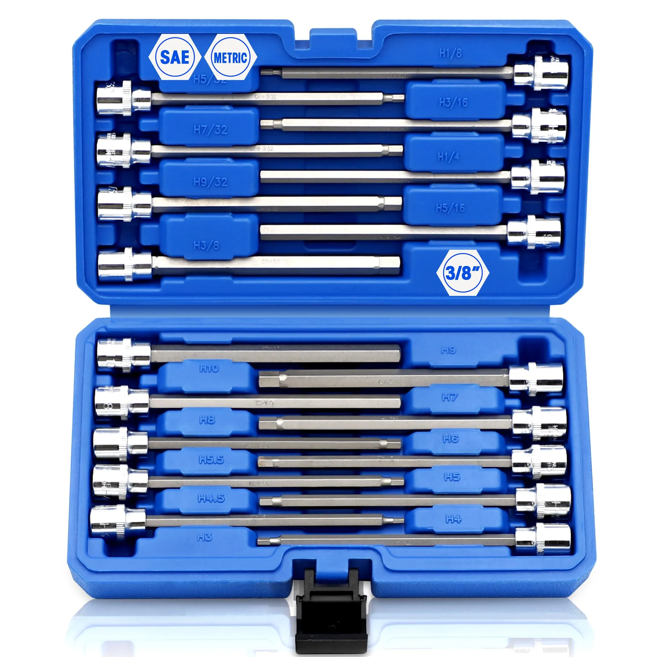 Casoman 3/8 inchDrive Extra Long Ball-End Hex Bit Socket Set, 18 Piece Allen Socket Set, Metric & Sae, 3mm to 10mm, 1/8 inch to 3/8 inch, Cr-v and S2