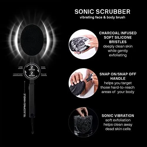 Black Wolf Vibrating Face and Body Brush, Sonic Scrubber Pro Rechargeable Open B