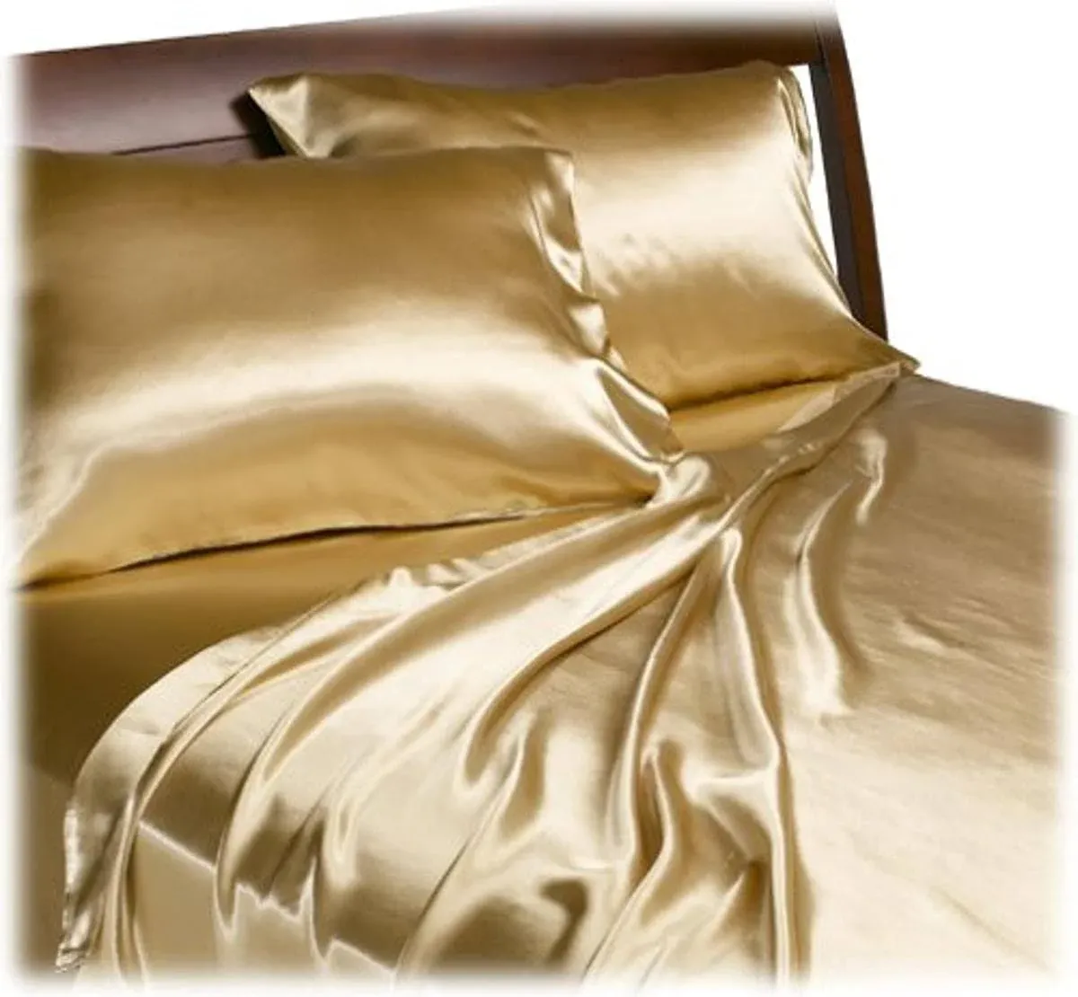 Silky Gold Satin Bedding Set Sheet Deep Pocket Fitted Flat Pillowcase Queen Size