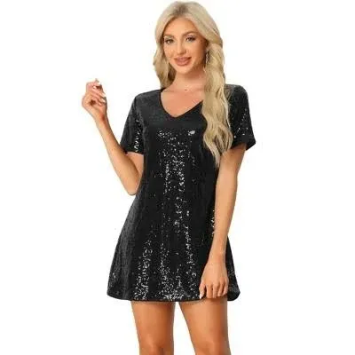 Allegra K Women's Glitter Sequin V Neck Short Sleeve Mini Clubwear Party Dress