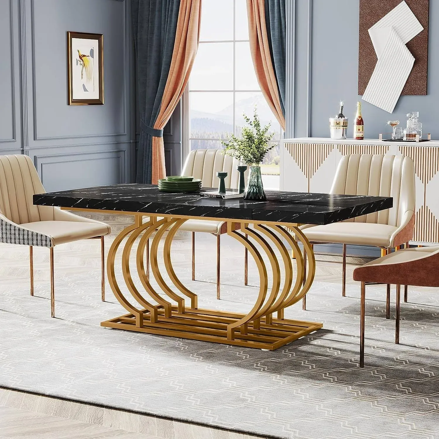 Tribesigns 63" Modern Dining Table, Faux Marble Wood, Seats 6, Geometric Frame, Black & Gold