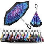 SIEPASA 49/56 Inch Inverted Reverse Upside Down Umbrella, Extra Large Double Canopy Vented Windproof Waterproof Stick Golf Umbrellas with C-shape Handle.