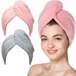 Hicober Microfiber Hair Towel, 2packs Hair Turbans for Wet Hair, Drying Hair Wrap Towels for Curly Hair Women Anti Frizz(Pink,Grey)