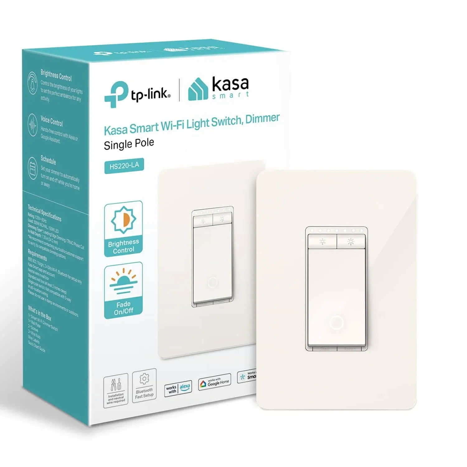 Kasa Smart Dimmer Switch Hs220, Single Pole, Needs Neutral Wire, 2.4GHz Wi-Fi Light Switch Compatible with Alexa and Google Home, UL Certified, No