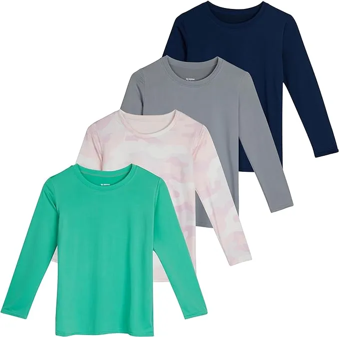 Real Essentials 4 Pack: Girls Dry-Fit Long Sleeve Active Crew Neck T-Shirt - Super Soft Tee