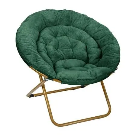 Flash Furniture Gwen 38" Oversize Portable Faux Fur Folding Saucer Moon Chair for Dorm and Bedroom, Emerald Fabric/ Soft Gold Frame