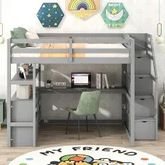 Harper & Bright Designs Full Size Loft Bed with Desk and Storage Stairs