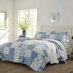 Laura Ashley Quilt Set King Size Polyester Fill Floral Patchwork Blue 3-Piece