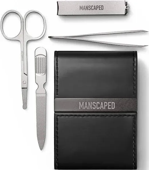 MANSCAPED® Shears 2.0 Tempered Stainless Steel Men's Nail Kit, Fingernail Clippers, Safety Scissors, Tweezers and Nail File, Travel Manicure Pedicure Set, 4-Piece Luxury Grooming Kit with Compact Case