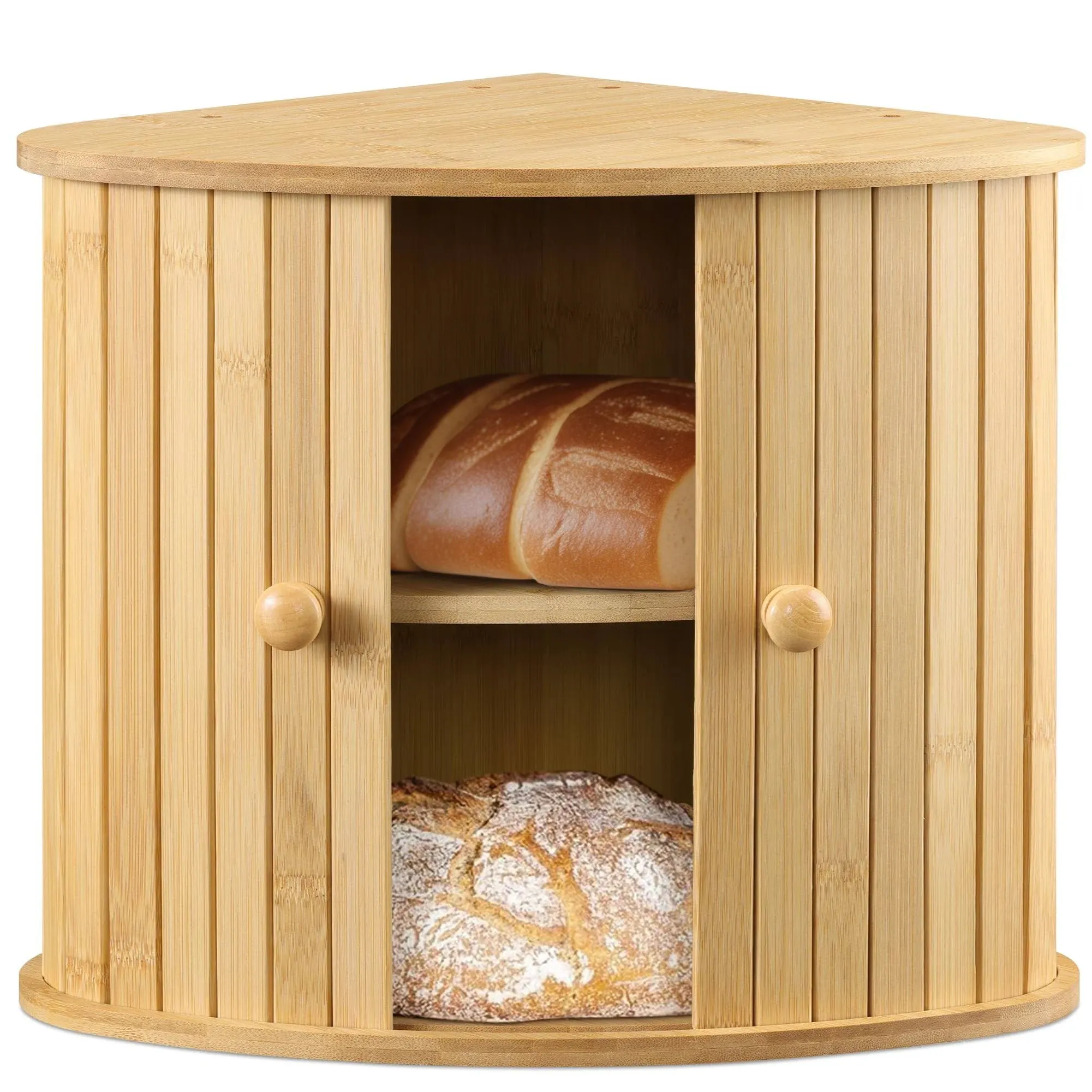 Wooden Bread Box - Countertop Kitchen Corner Bread Bun Farmhouse Loaf Bagel W...