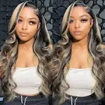 FB/27 Balayage Highlight Lace Front Wig Human Hair Pre Plucked 220% Density 24 Inch 13x4 HD Lace Brazilian Virgin Human Hair Body Wave Wig Ombre Glusless Wigs for Women Natural Hairline