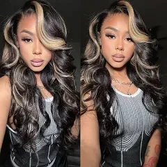 FB/27 Balayage Highlight Lace Front Wig Human Hair Pre Plucked 220% Density 24 Inch 13x4 HD Lace Brazilian Virgin Human Hair Body Wave Wig Ombre Glusless Wigs for Women Natural Hairline