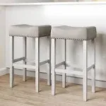 Nathan James Hylie Nailhead Wood Pub-Height Counter Bar Stool 29" Gray Fabric Cushion White Finish, Set of 2