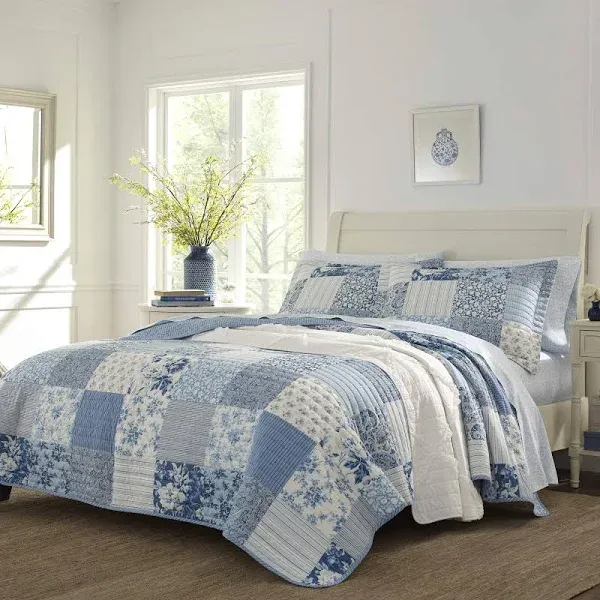 Laura Ashley - Twin Quilt Set, Reversible Cotton Bedding with Matching Sham, Farmhouse Inspired Home Decor (Paisley Printed Patchwork Blue, Twin)