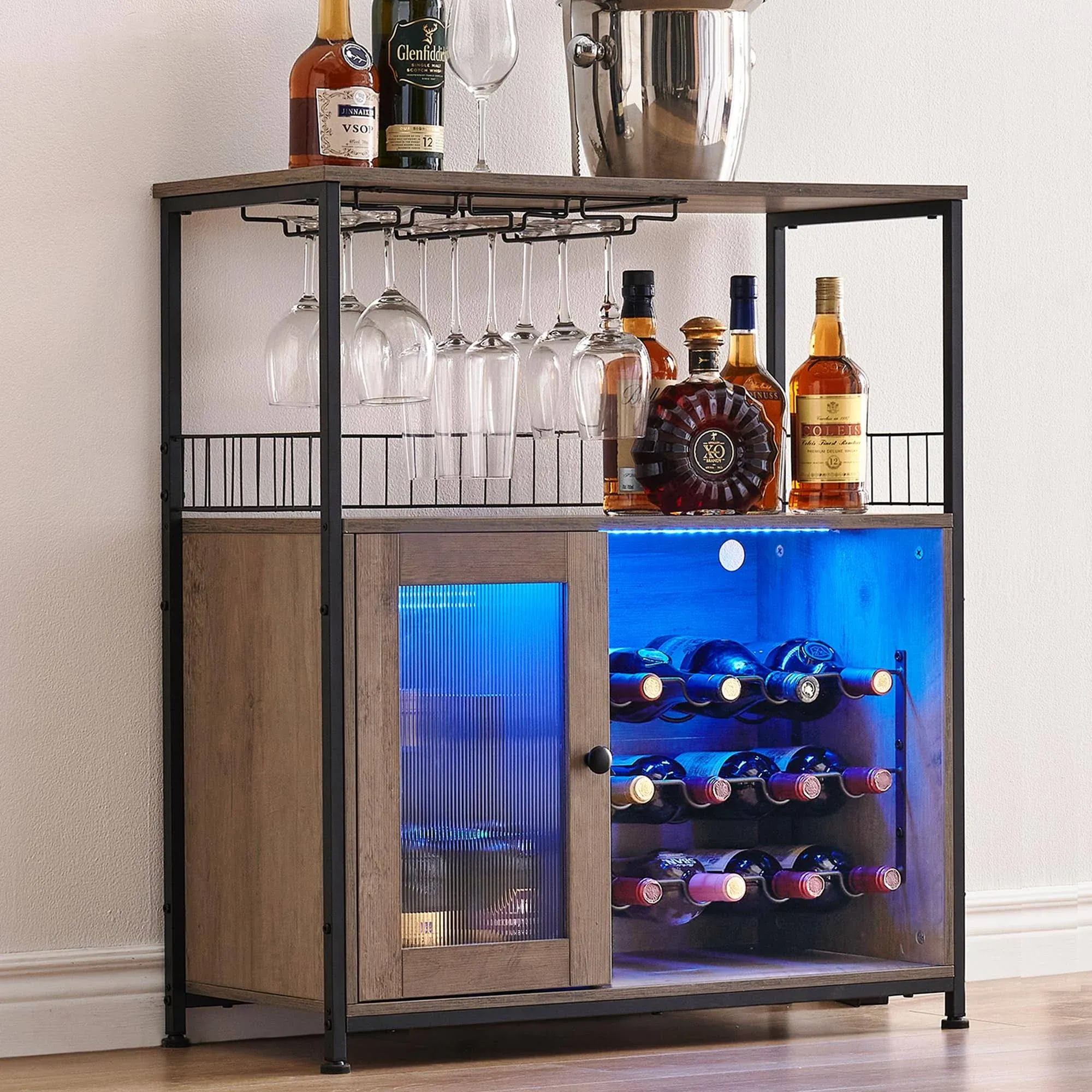 Wine Bar Cabinet with Led Lights & Removable Wine Racks, Multifunctional Bar Cabinet with 3 Rows Glass Holder and Acrylic Door for Liquor and Glasses, for Kitchen, Dining Room (Brown)