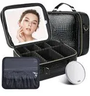 Mocado Travel Makeup Bag with LED Lighted Mirror,Travel Makeup Organizer,Makeup Case with 8 Makeup Brushes and 10x Magnifying Mirror,3 Colors Lighting, Adjustable Dividers Makeup Box(Pink)