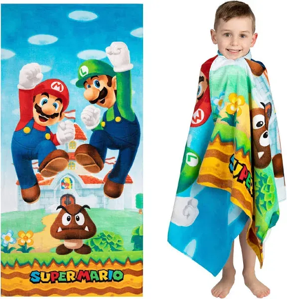 Franco Super Mario Official Nintendo Kids Super Soft Cotton Bath/Pool/Beach Towel, 58 in x 28 in & Kids Bedding Super Soft Microfiber Reversible Pillowcase, 20 in x 30 in, Mario