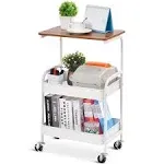 TOOLF Utility Cart with Wooden Table Top, 3-Tier Metal Storage Cart, White Trolley Kitchen Organizer Rolling Desk with Lockable Wheels for Office, CLA