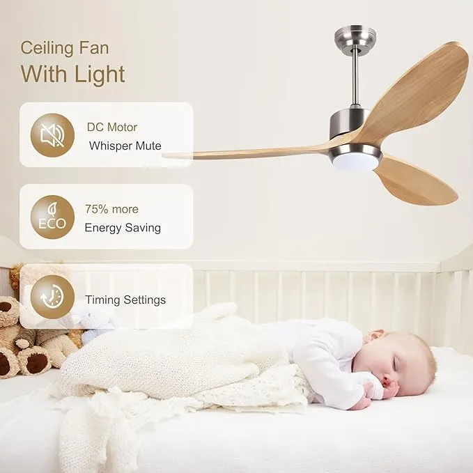 Ovlaim 52 Inch Wood Ceiling Fans with Lights Remote Control, 6 Speed Quiet DC Motor 3 Blade Smart Ceiling Fan, Indoor Living Room Bedroom Ceiling Fan