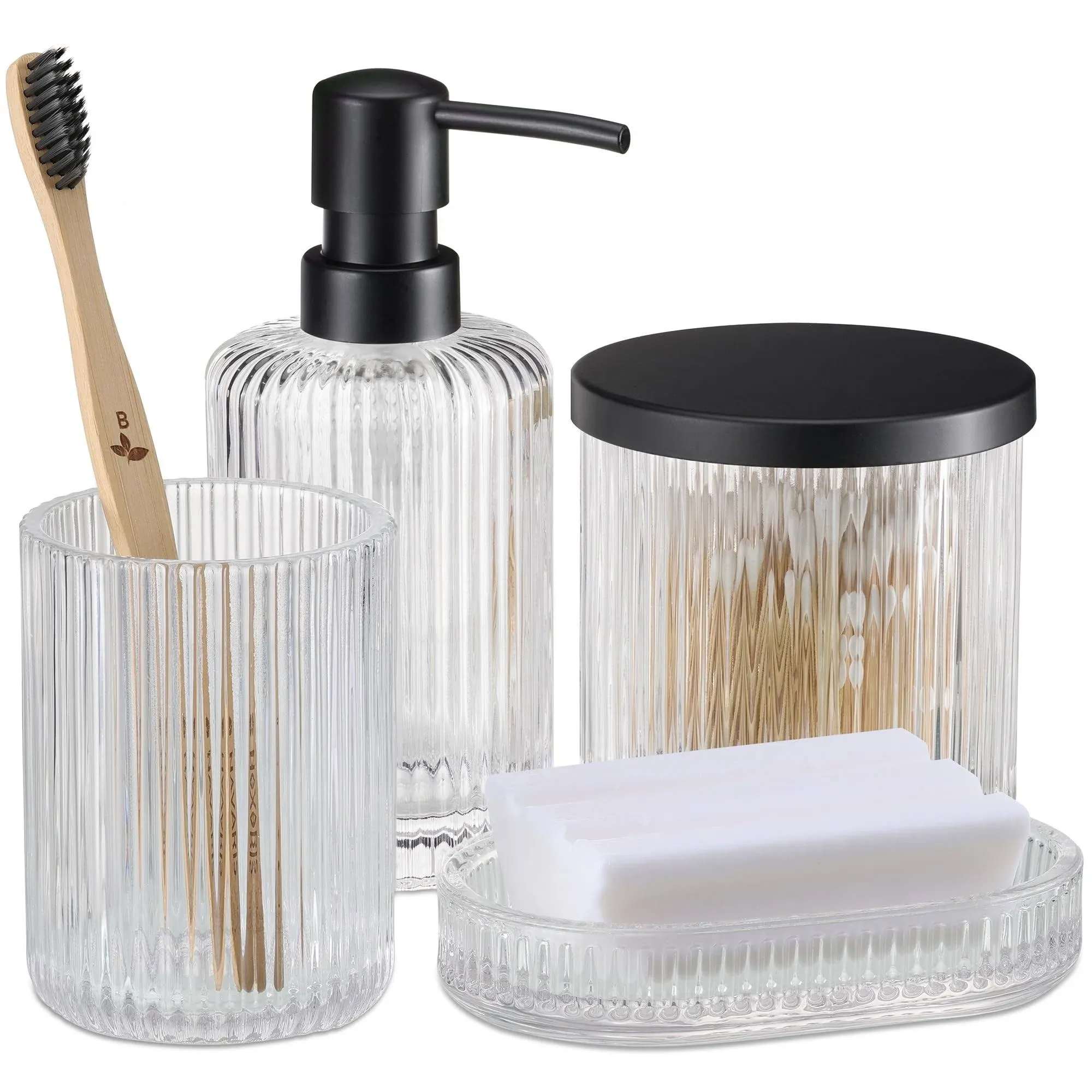 Glass Bathroom Accessories Set (4 Pieces) - Includes Soap Dispenser, Toothbru...