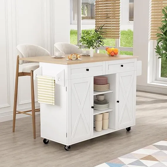 HLR Kitchen Island On Wheels, Rolling Kitchen Island Cart with Drop Leaf Countertop, Barn Door Kitchen Island Table with Storage Cabinet and Tower Rack, Island Table for Kitchen