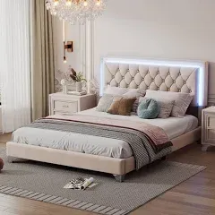 Modern Upholstered Bed Frame with LED Lights and Tufted Headboard