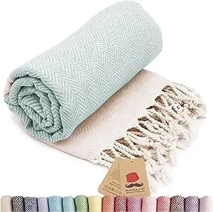 Bazaar Anatolia Turkish Beach Towel 100% Cotton Bath Towels 71x39 Quick Dry Sand Free Lightweight Large Oversized Herringbone Teal Mint