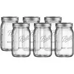 Wide Mouth Mason Jars 32 oz - (6 Pack) - Clear Glass Quart Mason Jars With Airtight Lids and Bands. For Storage, Canning, Fermenting, Meal Prep, Cold Brew Coffee, Freezing, Microwave & Dishwasher Safe