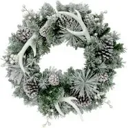 24" Christmas Frosted Wreath With Pinecones, Berries, and Antler Decorations