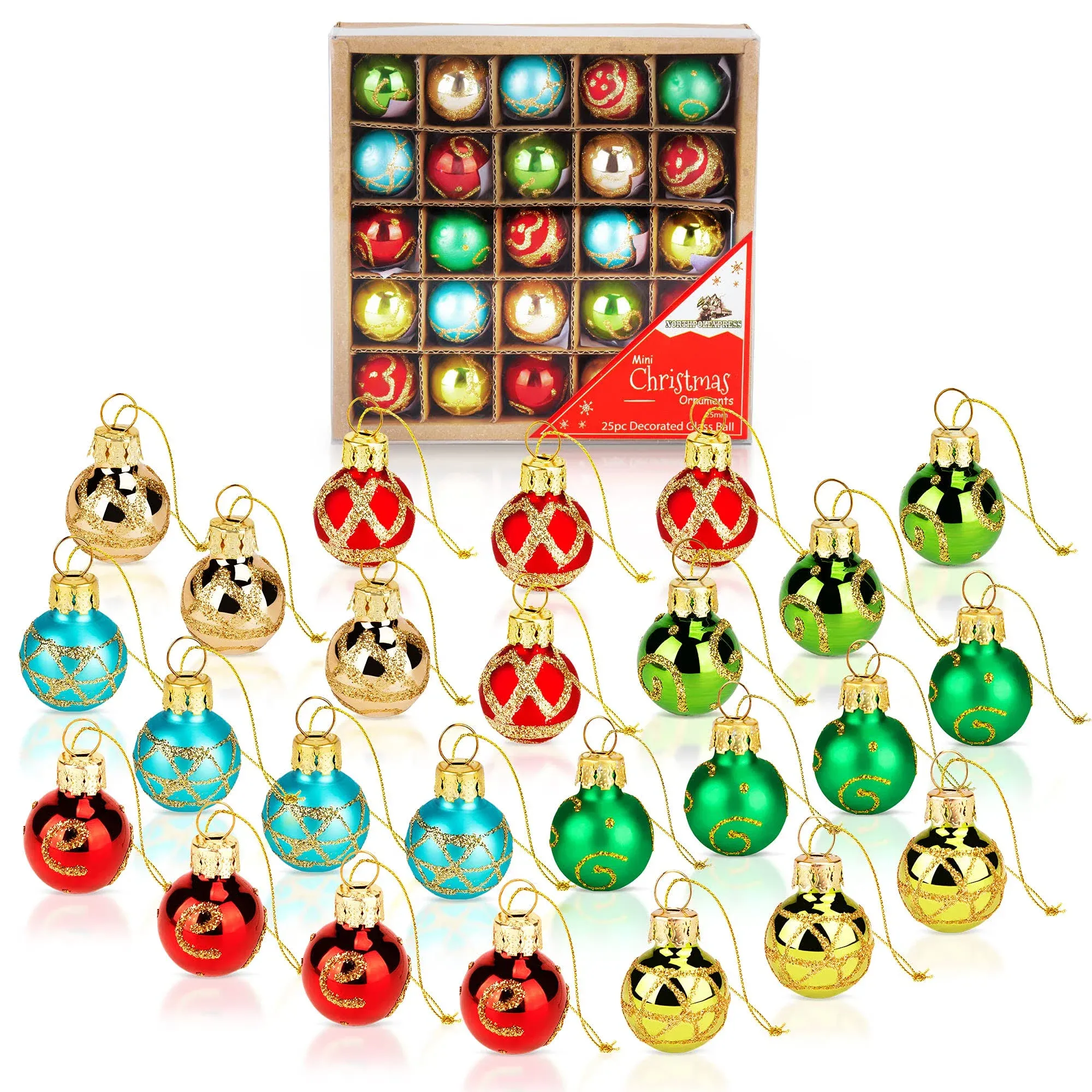 Miniature Vintage Multi Color Glass Ball Christmas Ornaments Set of 25