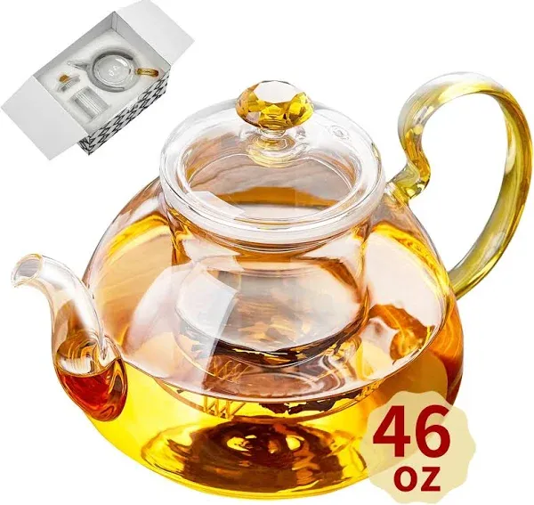 Large Capacity Glass Teapot with Removable Infuser, Stovetop Safe, Thickened Heat-Resistant Borosilicate Glass, 46 fl oz