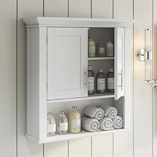 2-Door Bathroom Storage Wall Cabinet w/1 Open Shelf and 2 Interior Shelves White