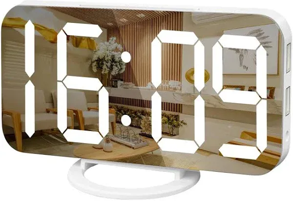 WulaWindy Digital Alarm Clock, Large Mirrored LED Display, with USB Charger, Snooze Function Dim Mode Wall Hanging Beside Desk Clock for Bedroom