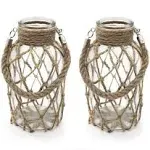 Funsoba Rustic Hanging Mason Nautical Jar Rope Net Dry Flower Glass Vase with Handle Pack of 2 (2 Vase 8")