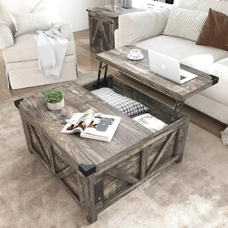 Farmhouse Square Coffee Table with Storage, Wood Center Table with Hinged Lift Top, Rustic Cocktail Table with Large Hidden Storage Compartment for Living Room, Bedroom,Brown