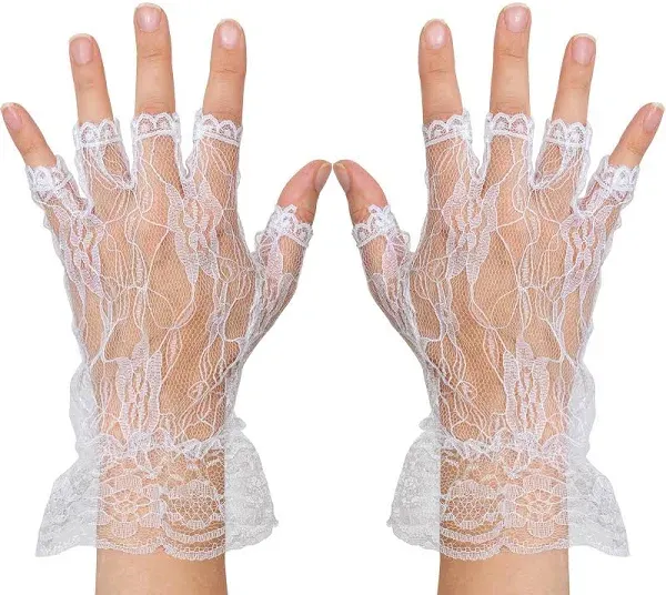 Skeleteen Fingerless Lace White Gloves - Ladies and Girls Ruffled Lace Finger Free Bridal Wrist Gloves