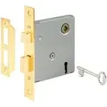 Prime-Line E 2294 Vintage Style Indoor Mortise Lock Assembly Kit – Cast Steel, Brass Plated Finish, Antique Skeleton Key – Backset, 1/4” Max Square Spindle - Reversible Latch Bolt (Single Pack)