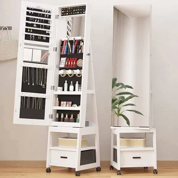 Alkmaar 360 Swivel Jewelry Armoire Floor Standing Locking with Full Length MirrorBottom Drawer Shelf WheelsWhite Cabinet with Large Storage