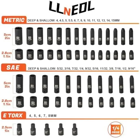 LLNEDL 1/4 Inch Drive Impact Socket Set 83Pcs Socket Wrench Set Metric & SAE from 4-15mm