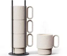 Stackable Coffee Mug Set with Black Stand - 4x10oz Ceramic Mugs with Unique Sprinkled Optics - Powder Coated Metal Rack - Dishwasher-Safe - Microwave & Oven - Scandinavian Minimal Design